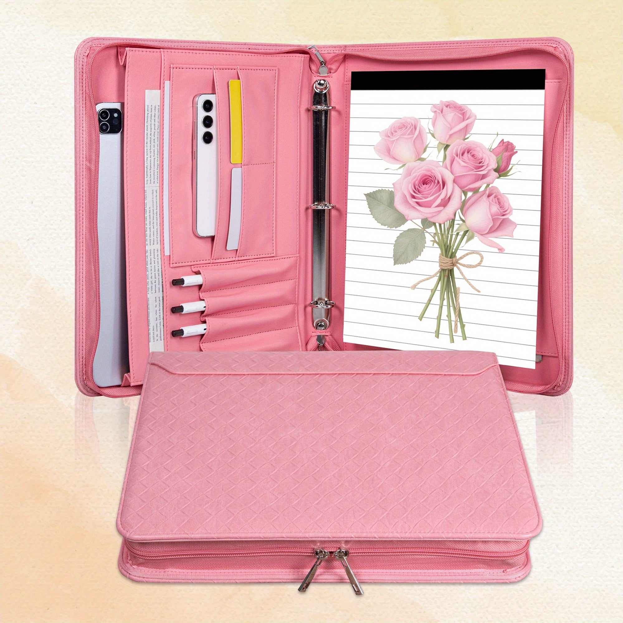 Vegan Leather Portfolio Binder 3-Ring Zipper with Laptop Pocket A4 Legal Work Organizer for Women Men Office School