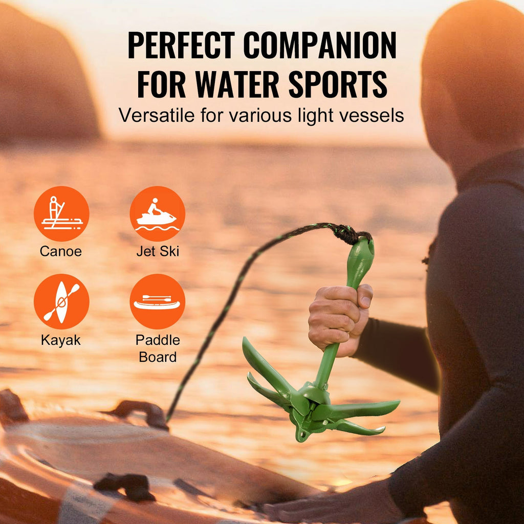 VEVOR Kayak Anchor Kit 3.5 lb Folding 4-Fluke with 26.2 ft Marine Rope, Buoy & Snap Hook - Corrosion-Resistant Paddle Board Anchor for Kayaks, Canoes, SUP & Small Boats