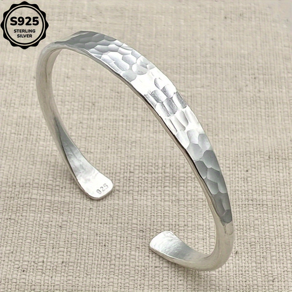 925 Sterling Silver Hammered Cuff Bracelet for Women – Handmade Open Bangle Corrugated Texture Adjustable Boho Vintage Jewelry Gift for Her Mom Girlfriend Birthday Anniversary Valentine's Day