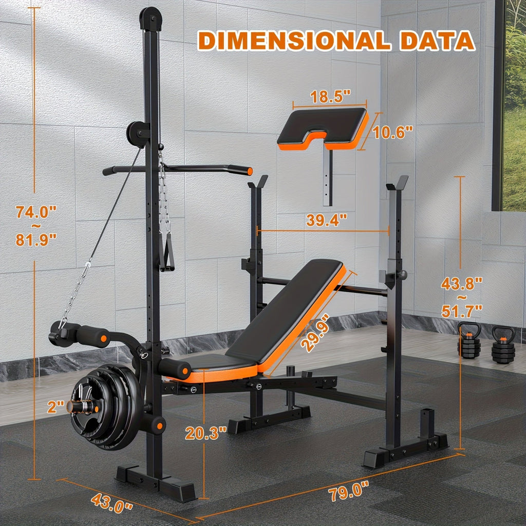 Foldable 6-in-1 Adjustable Weight Bench 770 LBS Home Gym – Flat Incline Decline Strength Training with Resistance Bands Preacher Curl Pad & Leg Developer for Full Body Workouts