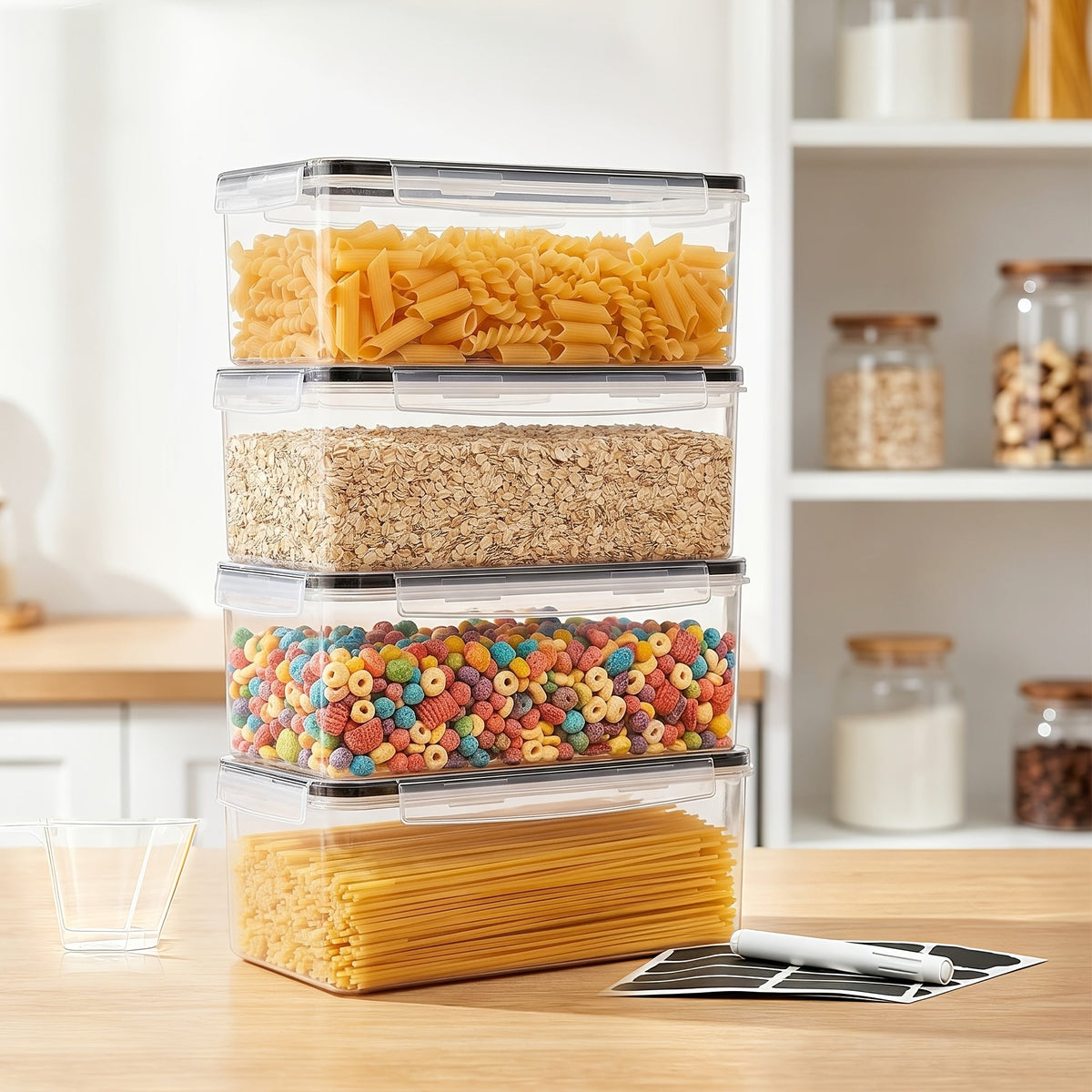 Airtight Food Storage Containers with Lids 4-Pack 108.2oz, BPA-Free Plastic Spaghetti Pasta Container Set, 4-Side Locking Lid Pantry Organizer for Dry Food Flour Cereal Kitchen Storage