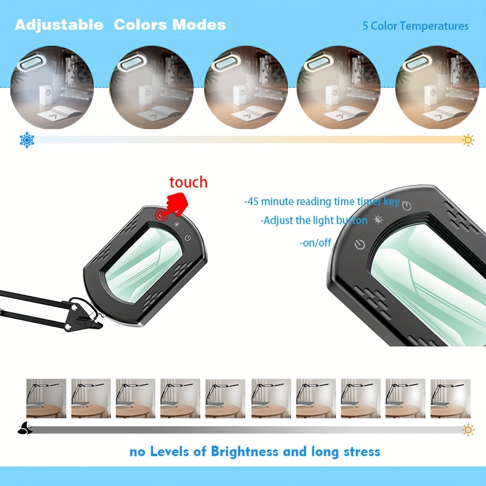 15X Magnification LED Magnifying Glass Lamp with Adjustable Arm & Clamp Base – Dimmable 3-Color Light, USB-Powered Desk Magnifier for Reading, Crafts, Manicure, Sewing & Precision Work (Black/White)