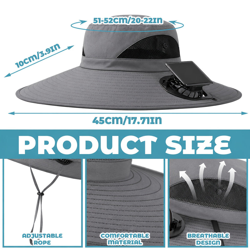 Solar Powered Cooling Fan Wide Brim Sun Hat with 2 Built-In Solar Fans – Adjustable Wind Speed Breathable Mesh UV Protection Outdoor Hat with Chin Strap for Fishing Camping & Hiking
