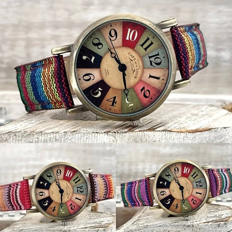 Colorful Bohemian Women's Quartz Watch – Striped Band Analog Wristwatch Stainless Steel Case Shock Resistant 3 Colors Purple Blue Rose Boho Style Daily Wear Festival Gift for Her