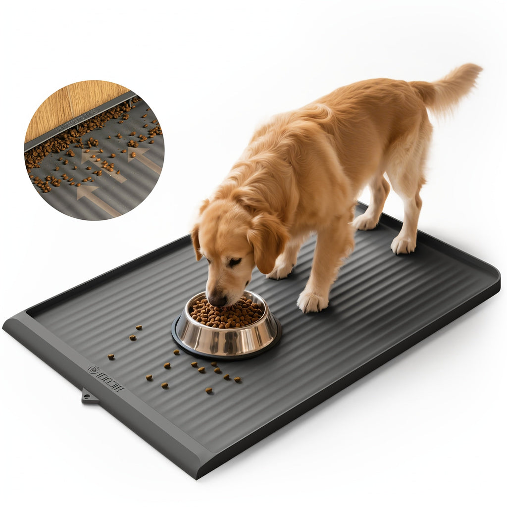 36"x24" Waterproof Pet Feeding Mat Large Non-Slip Dog & Cat Food Mat – Raised Edges, Diversion Grooves, Easy Clean Bowl Mat for Food & Water, Grey