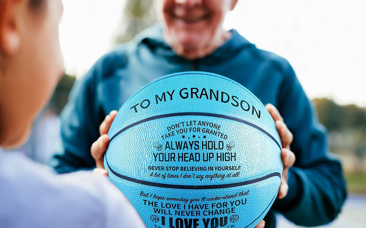 Personalized Engraved Basketball for Grandson & Son – Inspirational Motivational Size 7 PU Basketball with Air Pump, Heartfelt Birthday Christmas Anniversary Gift, Blue Red Gold Black