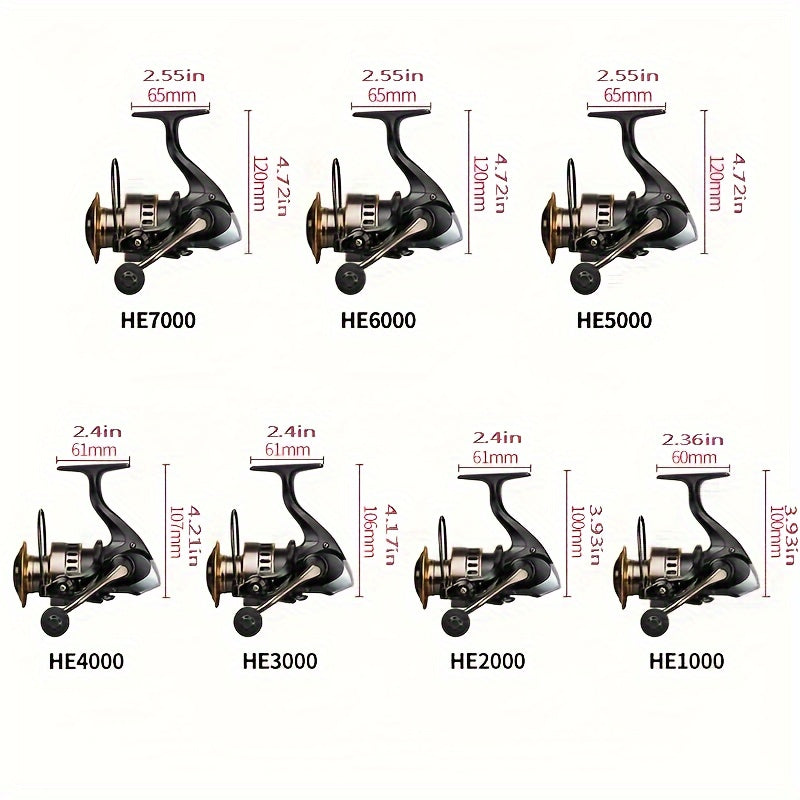 Spinning Fishing Reel HE1000-7000 Metal Spool Rocker Arm 5.2:1 Gear Ratio 22LB Max Drag Left Right Hand Interchangeable Smooth Sensitive for Freshwater Saltwater Bass Trout Carp Fishing