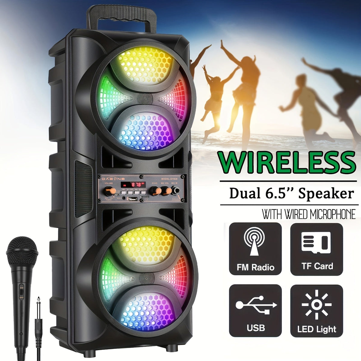 Portable Wireless PA Speaker System with Wired Microphone & RGB Lights – 6.5" Dual Woofer or 8" Subwoofer, FM Radio, USB/SD, Rolling Wheels for Party, DJ, Wedding & Meetings