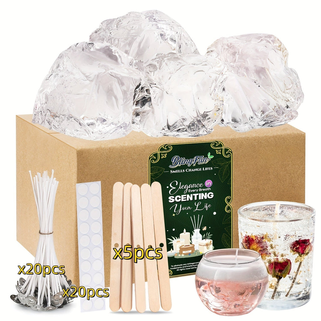 BlingFun Gel Candle Making Kit 400g Clear Jelly Wax 4 Colors 20pcs Wicks 20pcs Stickers 5pcs Wick Holders DIY Scented Candle Kit for Home Decor Craft Projects Beginner Candle Supplies
