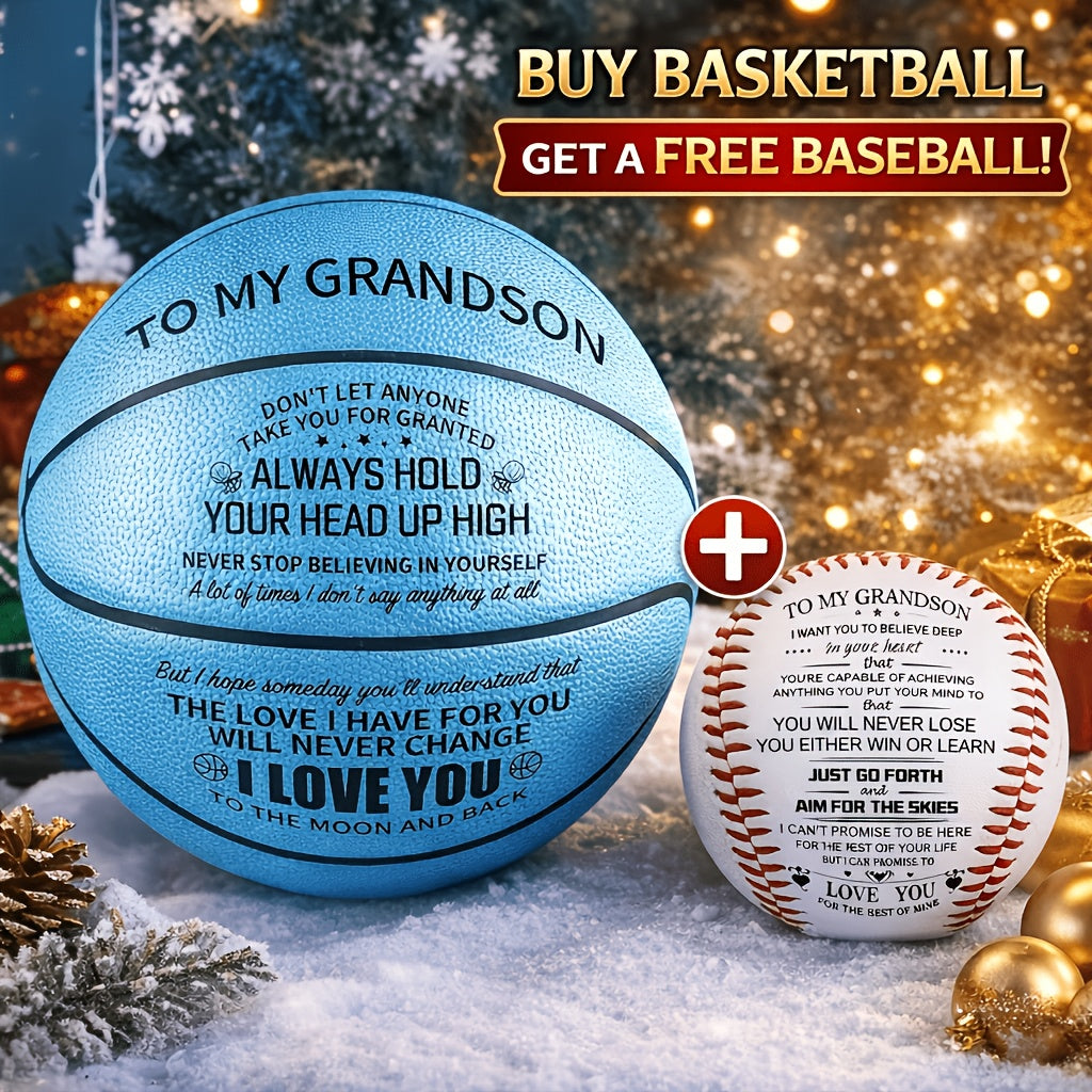Personalized Engraved Basketball for Grandson & Son – Inspirational Motivational Size 7 PU Basketball with Air Pump, Heartfelt Birthday Christmas Anniversary Gift, Blue Red Gold Black