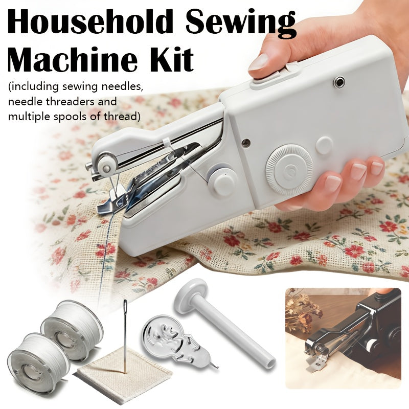 Compact Handheld Sewing Machine Kit Portable Battery Powered – Quick Repair Tool with Needles Bobbins Thread Spool Needle Threader and Fabric Sample for Clothes Garments Curtains and DIY Sewing Projects – White or Black