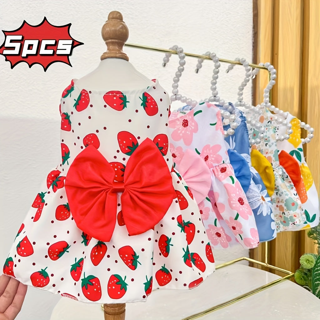 5-Pack Floral Princess Bow Dog Dresses for Small Dogs Soft Polyester Knit Pet Costume for Yorkies Chihuahuas Maltese Pomeranians Cats All Seasons 5 Cute Styles Gift