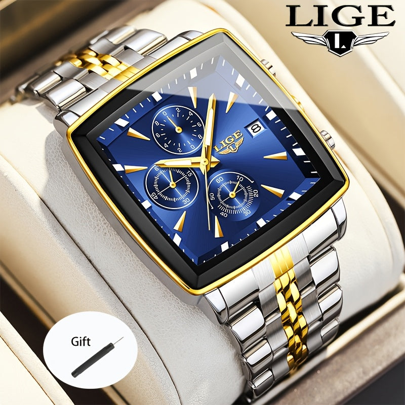 LIGE Men's Square Quartz Watch Stainless Steel Strap Calendar Display – Preppy Sport Fashion Wristwatch 8 Colors Rose Gold Black Blue, Birthday Graduation Gift for Men Teens