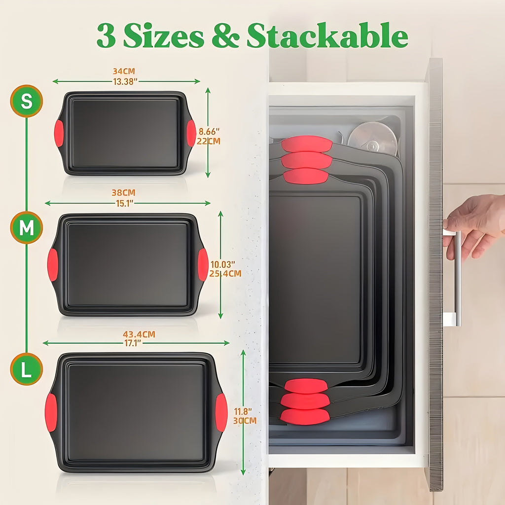 Carbon Steel Non-Stick Baking Pan Set 3-Piece – Commercial Restaurant Grade Oven Safe Bakeware with Red Silicone Handle Double-Sided Coating Sheet Pan Cookie Tray Roasting Pan for Home Kitchen