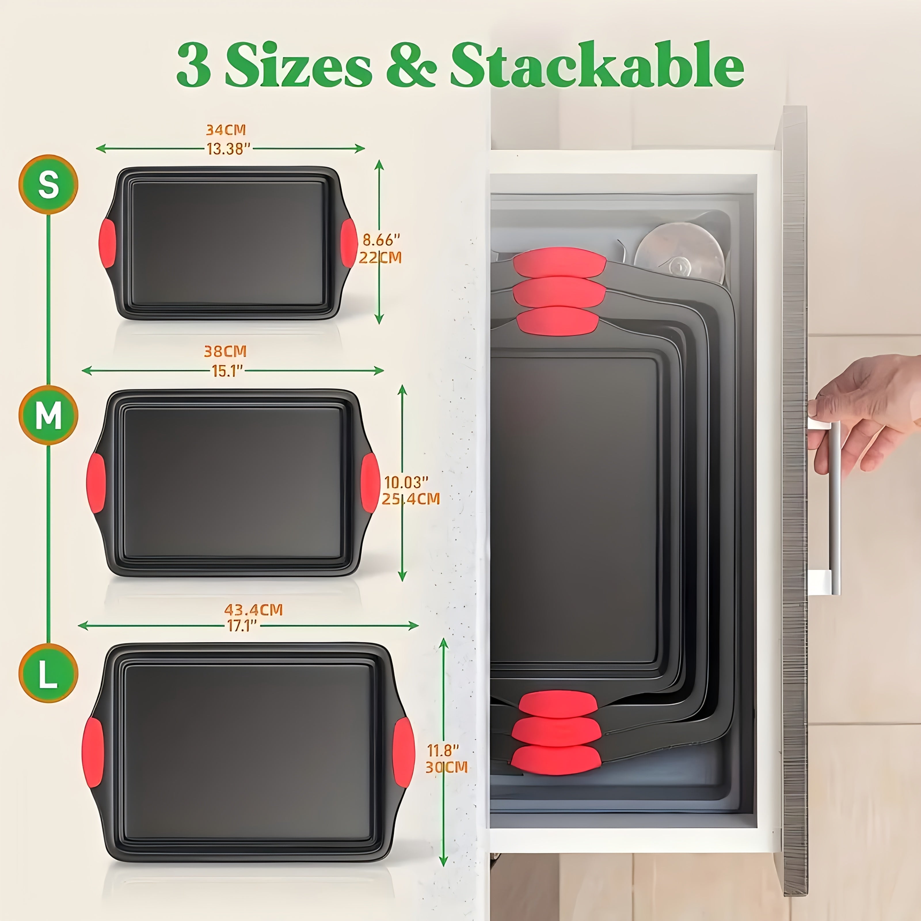 Carbon Steel Non-Stick Baking Pan Set 3-Piece – Commercial Restaurant Grade Oven Safe Bakeware with Red Silicone Handle Double-Sided Coating Sheet Pan Cookie Tray Roasting Pan for Home Kitchen