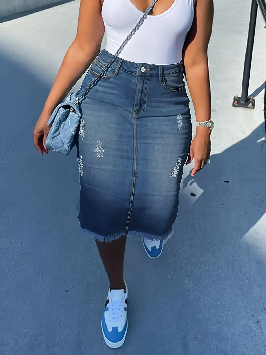 Vintage High-Waisted Denim Midi Skirt Women Stretch Raw Hem Distressed Look Machine Washable Non-Transparent Sea Blue XS-XXL Spring Summer Fall