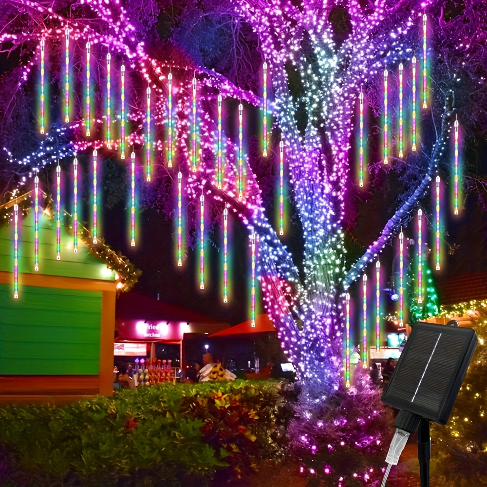 Solar Meteor Shower String Lights 192 LED Outdoor Waterproof - Flower Theme 8 Modes Fairy Lights for Garden Patio Tree Christmas Halloween Independence Day Warm White Multi-Color Blue