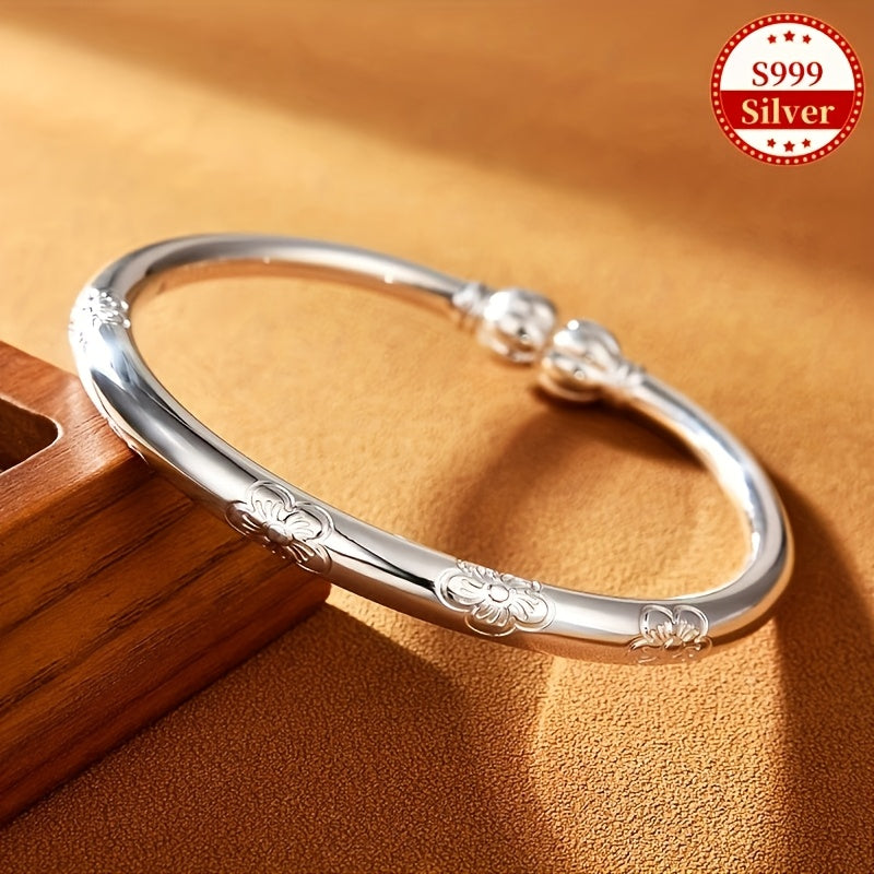 S999 Pure Sterling Silver Tribal Bracelet for Women – Hypoallergenic Ethnic Bangle for Daily Wear, Stackable Silver Jewelry Gift for Mother's Day Birthday Anniversary