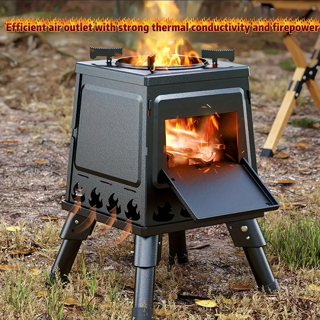 Heavy-Duty Wood Burning Camp Stove – Portable Outdoor Campfire Stove with Sturdy Legs & Air Vents, Firewood Compatible for Hiking, Backpacking, Picnic & BBQ, No Electricity or Flint Needed, Black