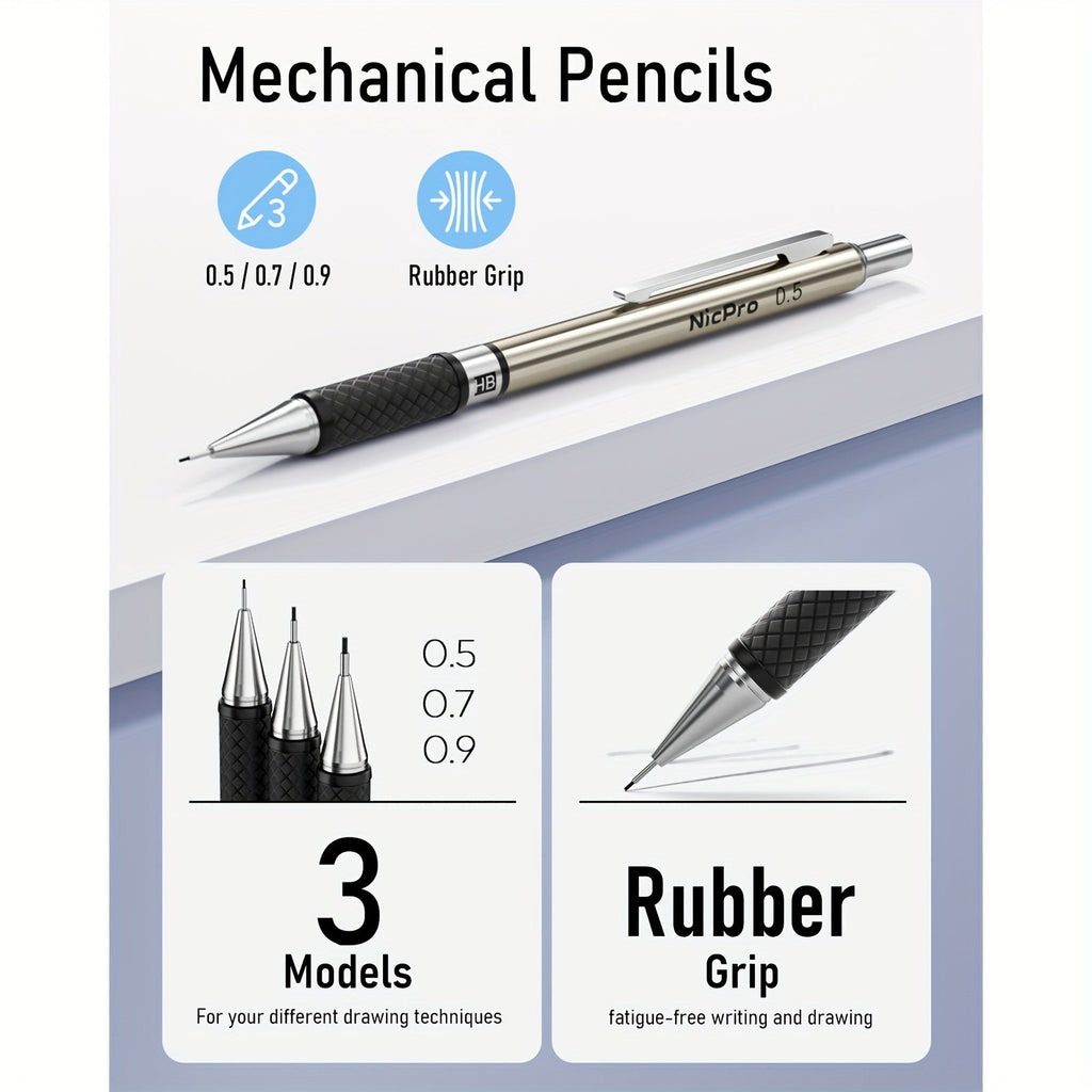 Nicpro 34-Piece Art Mechanical Pencil Set 6 Metal Drafting Pencils 0.5 0.7 0.9 2mm 19 Refill Leads 6B to H Erasers Storage Case Sketching Drawing Artists Students