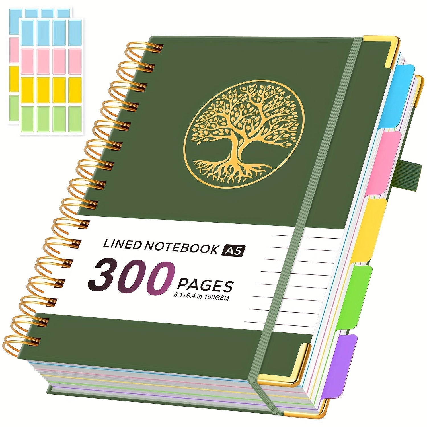 A5 Hardcover 5-Subject Spiral Notebook 300 College-Ruled Pages with Removable Divider Tabs Built-In Pocket 6.1x8.4 Inch Lined Journal for Students Work School Note Taking Purple Green Pink Black