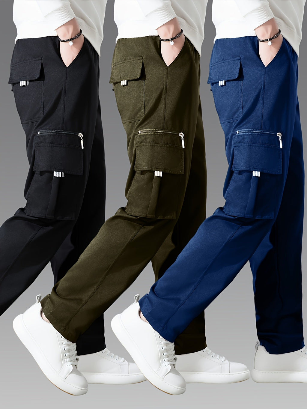 Men's Cargo Pants 3-Pack Multi-Pocket Tactical Outdoor Travel Casual Daily Pants Sizes S-XXXL 10 Colors Black Khaki Army Green Navy Blue Dark Gray