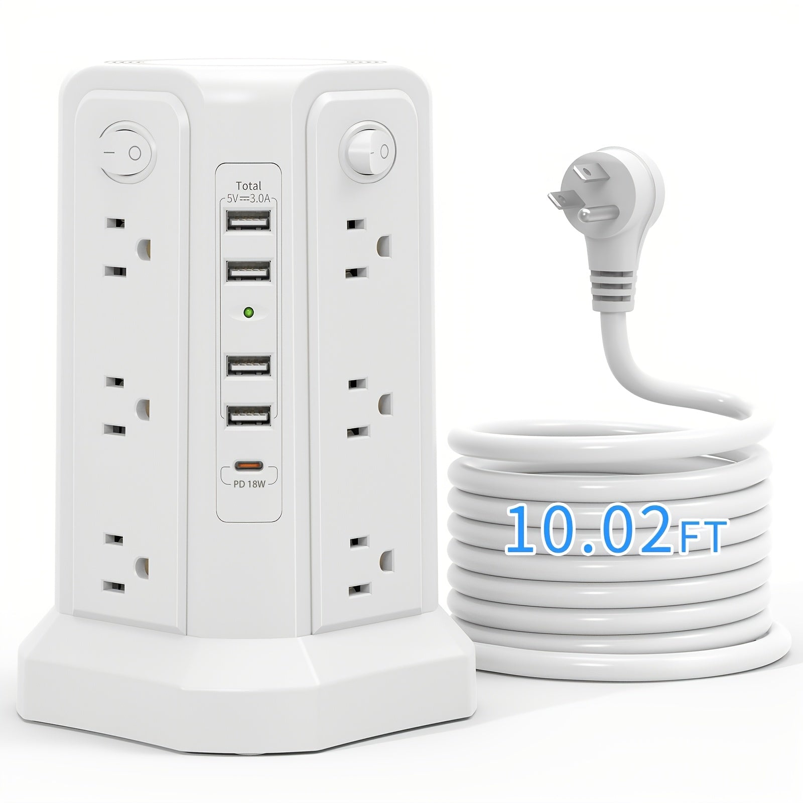 Power Strip Tower 16 AC Outlets 5 USB Ports USB-C PD20W Fast Charging 1500J Surge Protector Flat Plug Desktop Extension Cord for Home Office Dorm Room Workstation 10 Style Options
