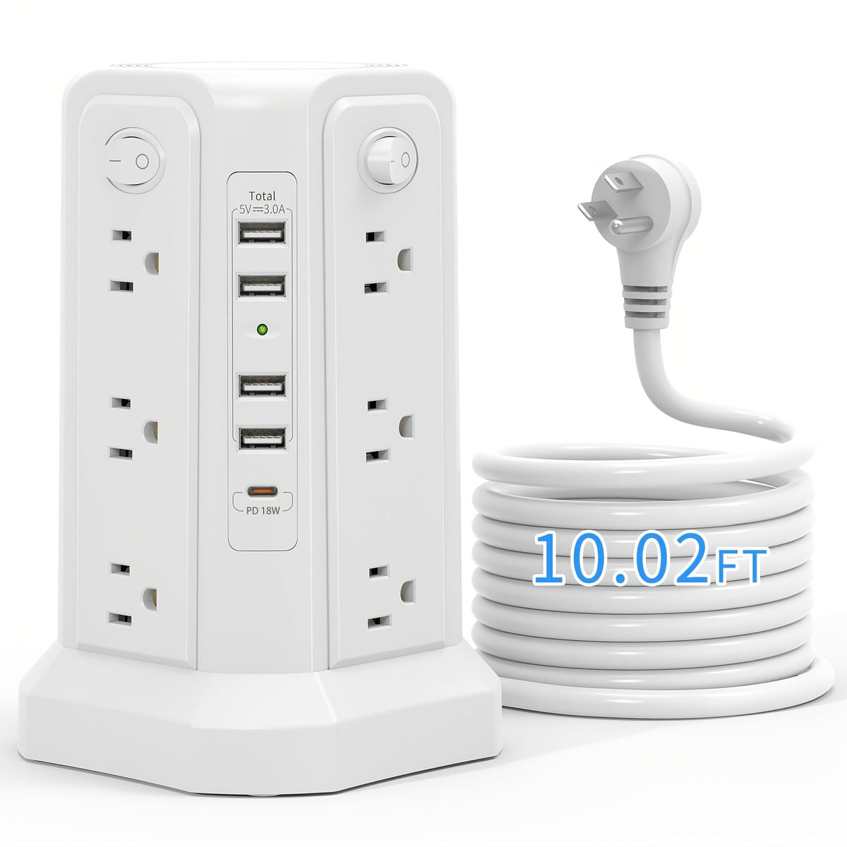 Power Strip Tower 16 AC Outlets 5 USB Ports USB-C PD20W Fast Charging 1500J Surge Protector Flat Plug Desktop Extension Cord for Home Office Dorm Room Workstation 10 Style Options