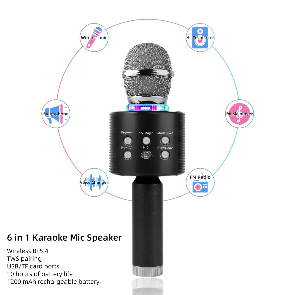 5-in-1 Wireless Karaoke Microphone with Built-In Speaker, LED Lights & Voice Changer – Portable Bluetooth Singing Mic for Parties, Family Gatherings, Travel & Outdoor Fun, 10 Colors