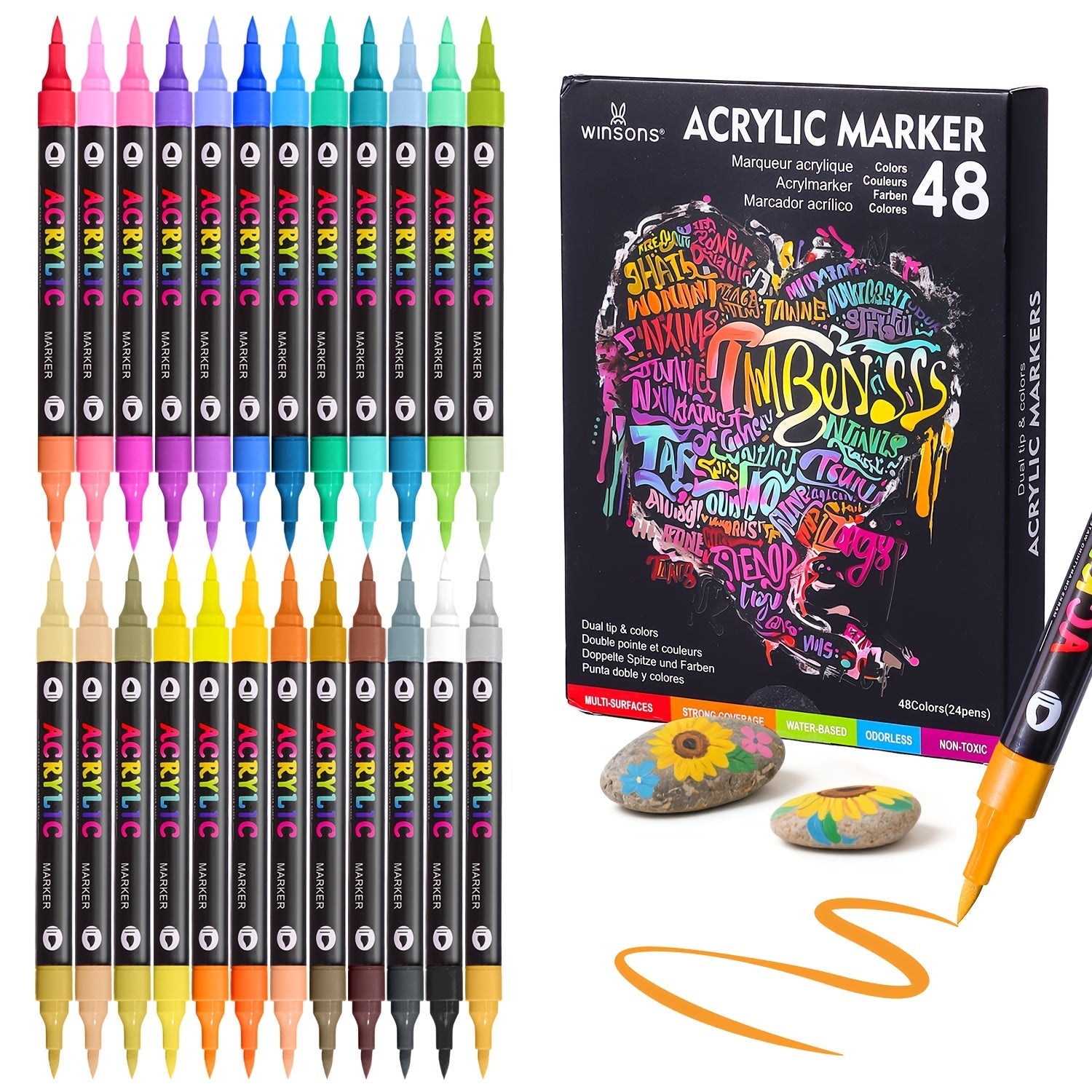Dual-Tip Dual-Shade Acrylic Paint Markers 24 48 and 72 Colors – Quick-Dry Waterproof Brush Pens for Rock Painting Journal Doodling Canvas Wood Glass Ceramic and Home Decor – Non-Toxic Art Markers for Adults and Kids