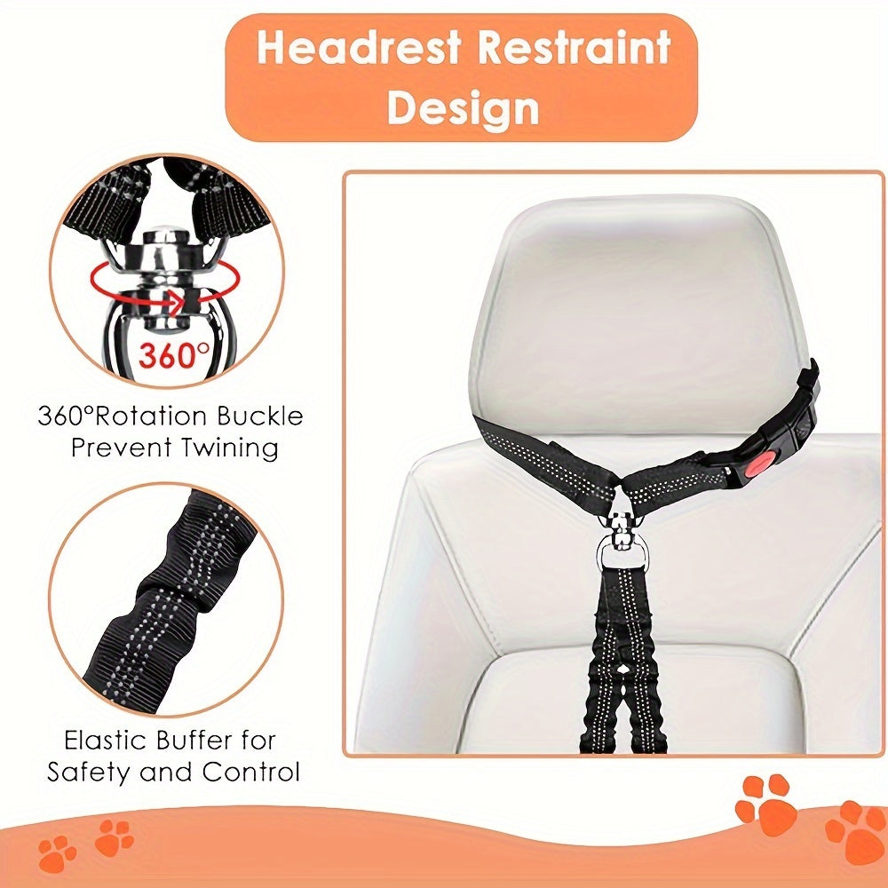 Dual Dog Car Seat Belt 2 Dogs Simultaneously No-Tangle Adjustable Bungee Headrest Clip Pet Safety Harness Small Medium Large Dogs Travel Black Red Rose Red