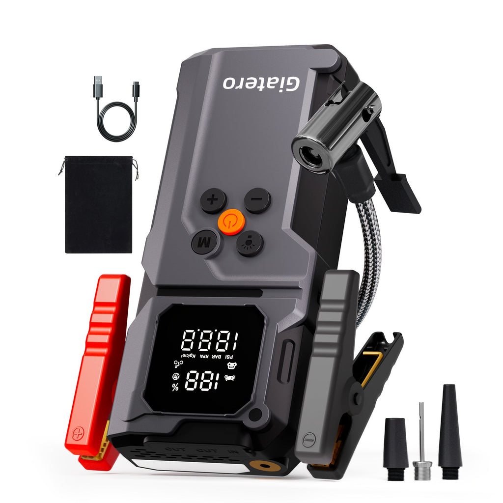 10000A Jump Starter with Air Compressor 160 PSI, Portable Car Battery Booster Pack for Gas & Diesel Engines, USB-C QC 3.0 Fast Charge, LED Flashlight, Digital Display – Giatero Q27