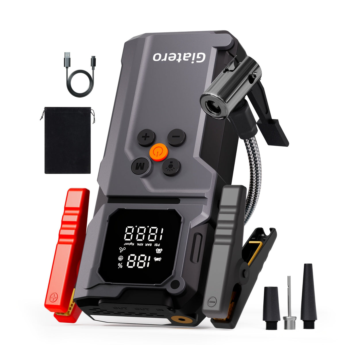 10000A Jump Starter with Air Compressor 160 PSI, Portable Car Battery Booster Pack for Gas & Diesel Engines, USB-C QC 3.0 Fast Charge, LED Flashlight, Digital Display – Giatero Q27
