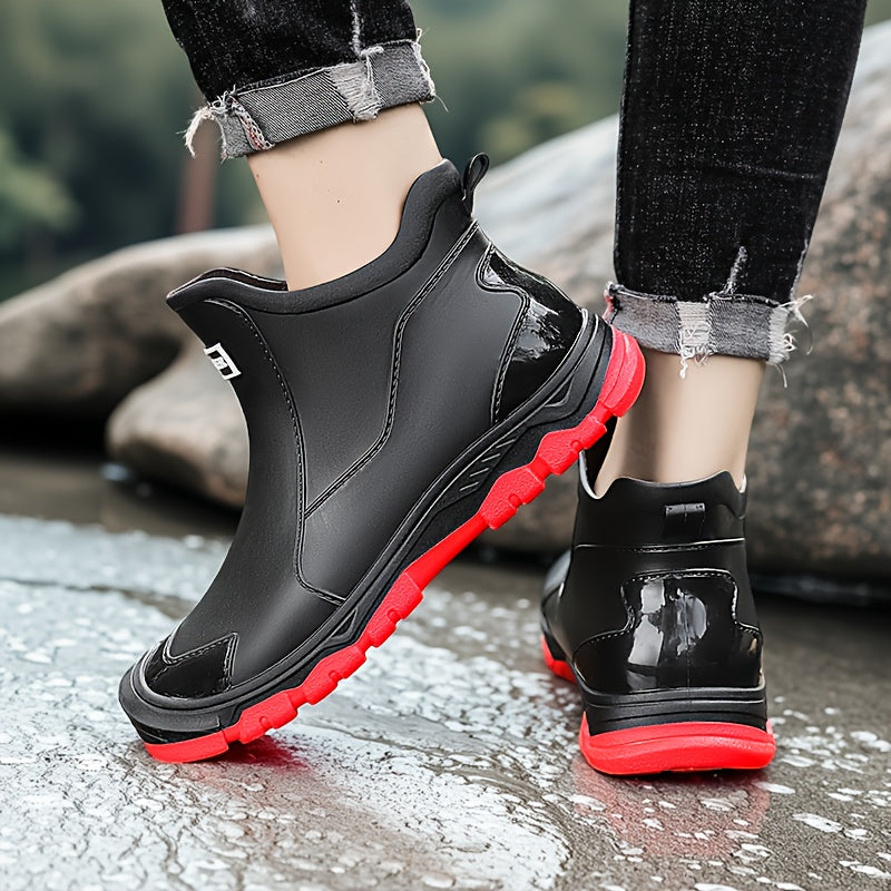 Lightweight Non-Slip Short Ankle Rain Boots for Men and Women Cushioned Insoles Breathable Lining Textured Anti-Slip Sole Fashionable Unisex Couple Rain Boots for Car Washing Outdoor Activities Black Beige US 5.5-12
