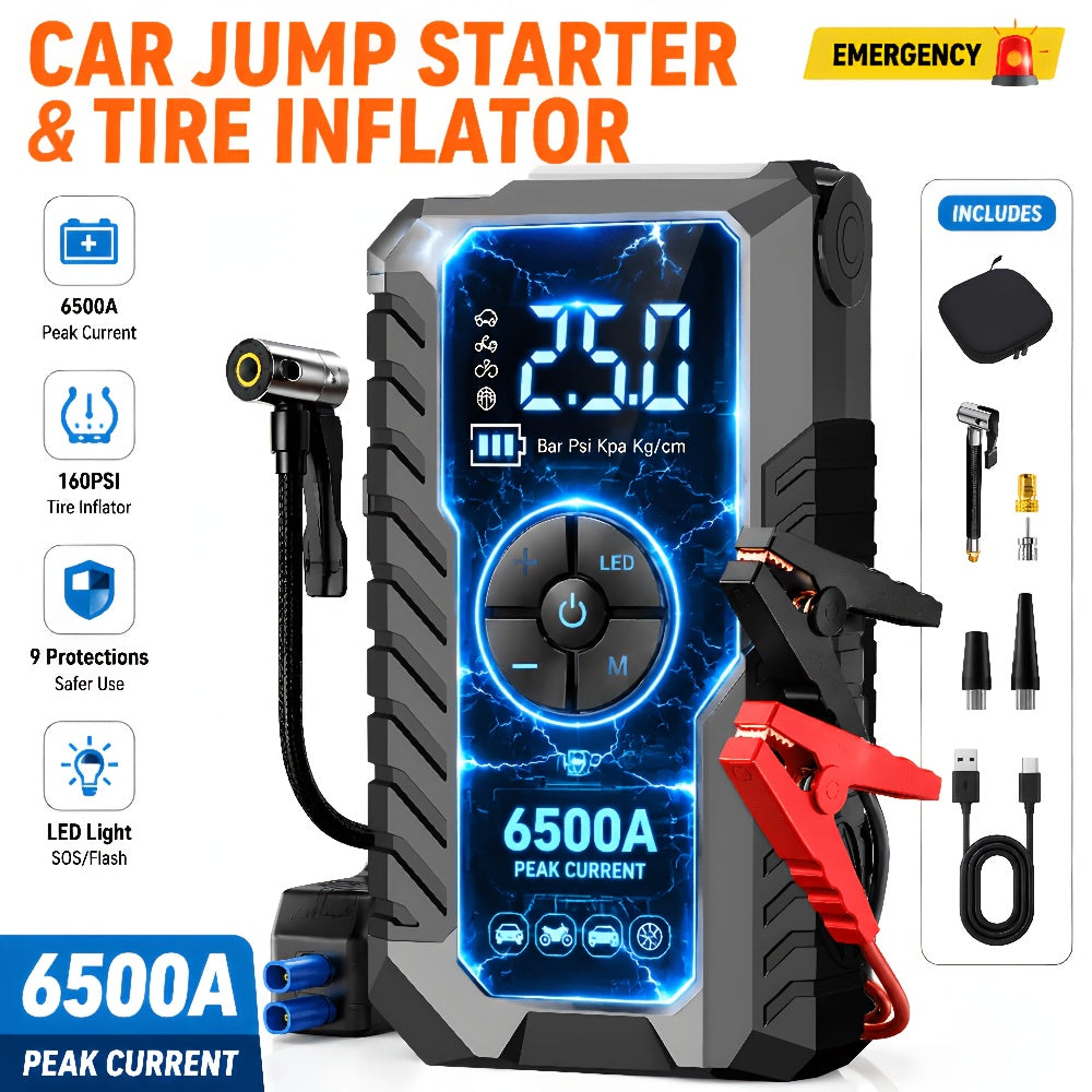 9-in-1 Car Jump Starter 6500A 12V with 160PSI Air Compressor – Portable Battery Booster, Emergency Power Bank, LED Flashlight & Roadside Kit, Wireless Jump Starter for Cars, Trucks, SUVs & Motorcycles