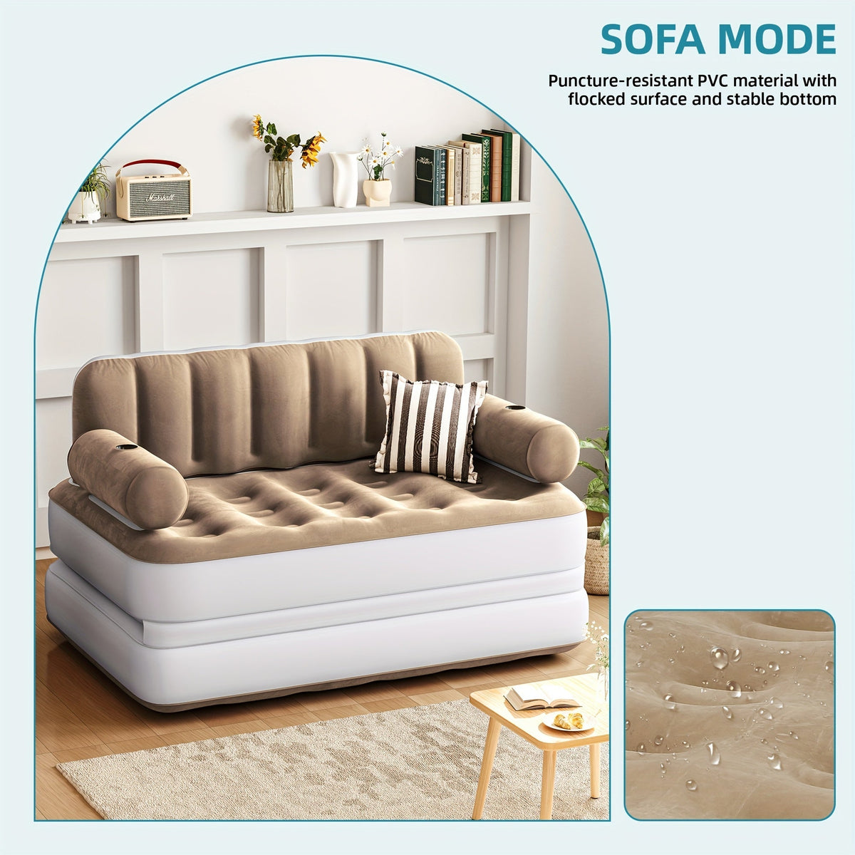 Inflatable Air Sofa Bed 2-in-1 Queen Size – Portable Blow Up Couch & Airbed with Headboard, Cup Holders, External Pump & Storage Bag, 440 lb Capacity for Home, Camping, Guests & Dorms