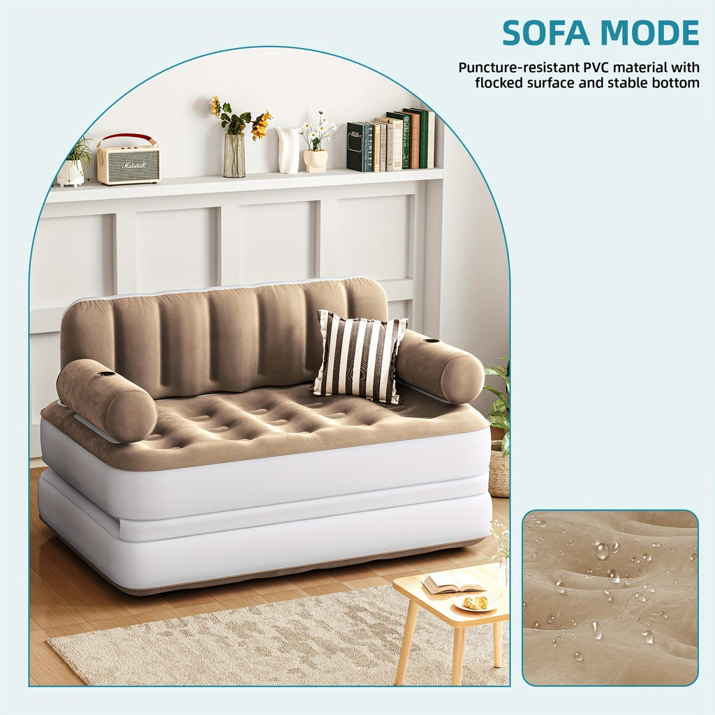 Inflatable Air Sofa Bed 2-in-1 Queen Size – Portable Blow Up Couch & Airbed with Headboard, Cup Holders, External Pump & Storage Bag, 440 lb Capacity for Home, Camping, Guests & Dorms