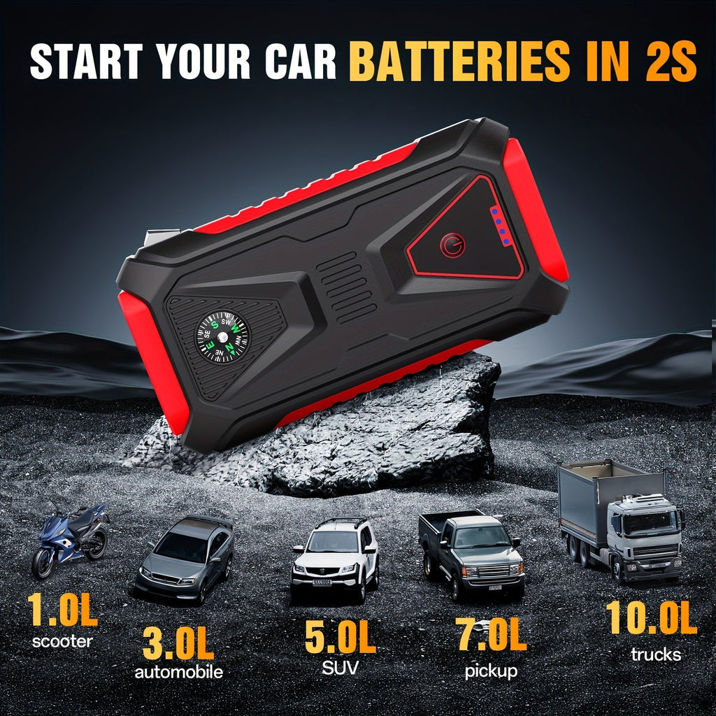 5000A Peak Jump Starter 12V Portable Car Battery Starter for Gas & Diesel Engines – LED Flashlight, SOS Light, Safety Hammer, Compass & USB Power Bank, 74WH Lithium Battery