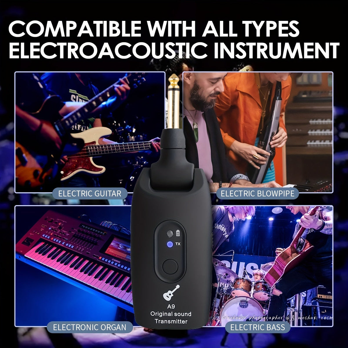 Wireless Guitar System 2.4GHz with Rechargeable Battery - Low Latency Audio Transmitter & Receiver for Electric Guitar, Acoustic, Bass, Violin & Keyboard, Plug & Play Instrument Wireless Kit