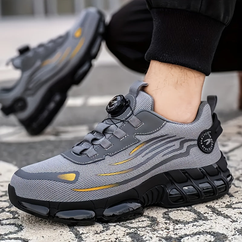 Men's Breathable Work Shoes - Durable Safety Shoes with Reflective Stripes, Lightweight Cushioned Sole for Industrial, Construction and Casual Wear, Available in Black and Grey, Sizes US 6 to 11