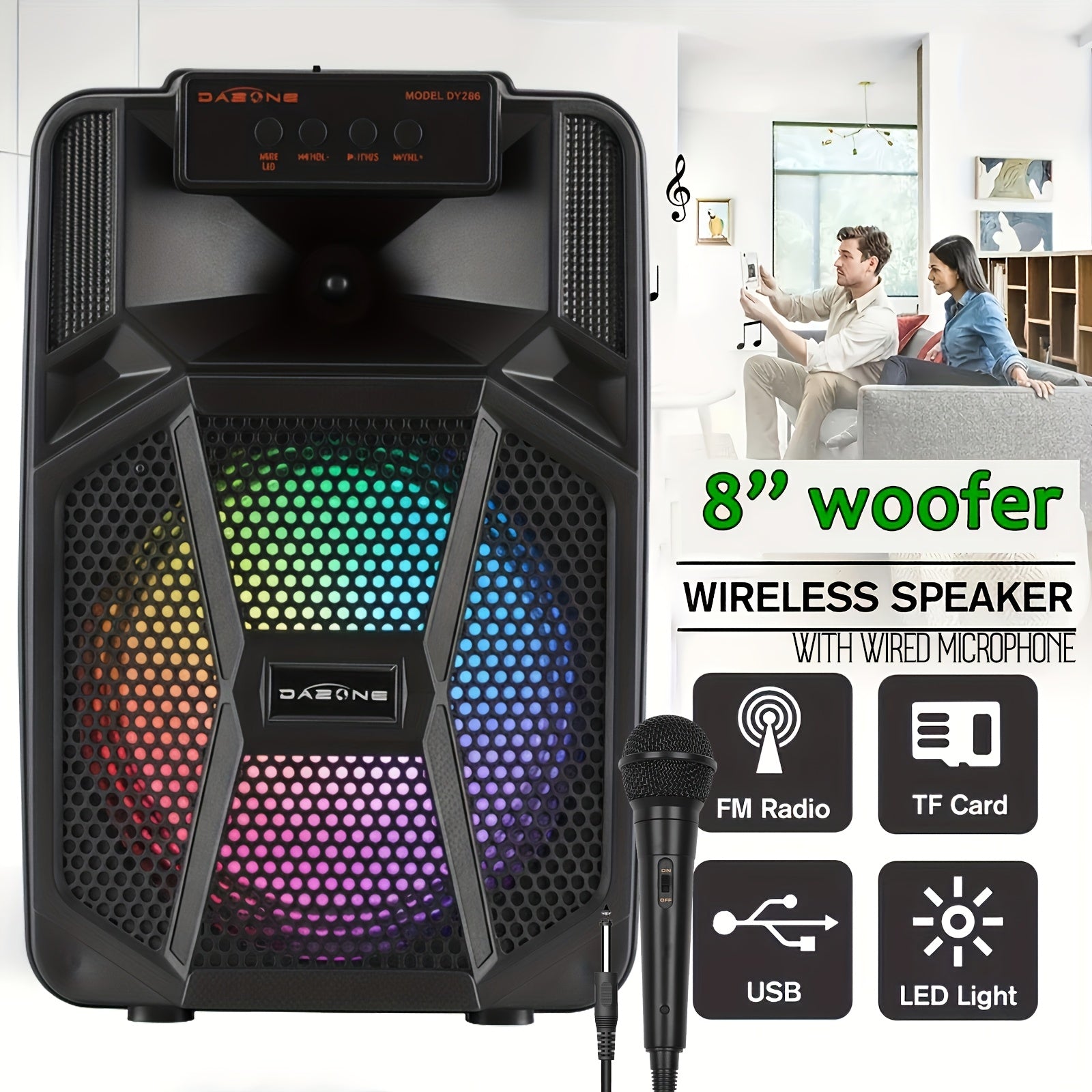 Portable Wireless PA Speaker System with Wired Microphone & RGB Lights – 6.5" Dual Woofer or 8" Subwoofer, FM Radio, USB/SD, Rolling Wheels for Party, DJ, Wedding & Meetings