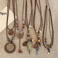 5 Piece Bohemian Layered Necklace Set for Women – Retro Boho Sweater Chain Y-Shaped Necklace with Feather Leaf Butterfly Star Pendants, Fashionable Stackable Jewelry Gift for Daily Wear and Banquets