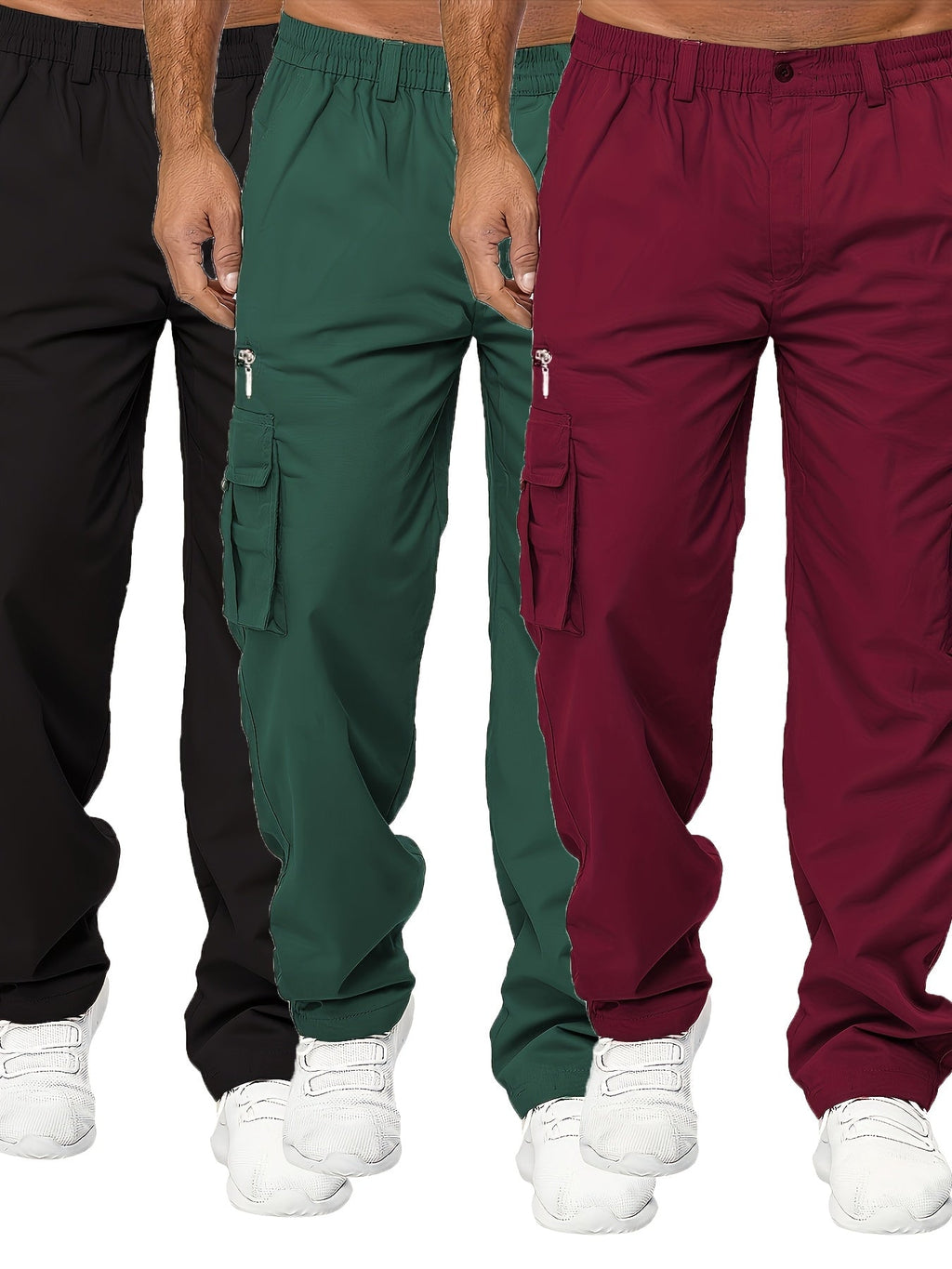 Men's Cargo Pants 3-Pack Multi-Pocket Regular Fit – Solid Color Polyester Woven Hiking Outdoor Pants for Spring & Fall, Sizes S-XXXL, 9 Color Combos