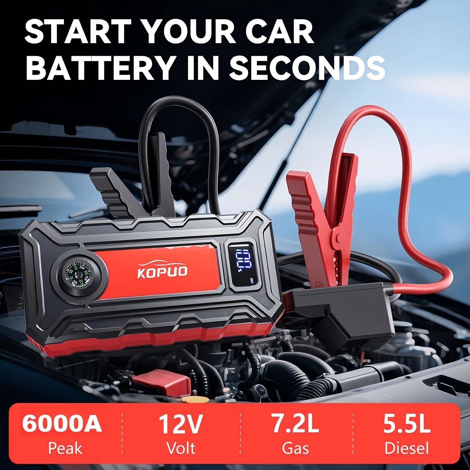 5000A/6000A Portable Car Jump Starter – 12V Battery Booster Pack for Gas & Diesel Vehicles, 65W Fast Charge Power Bank, LED Flashlight & LCD Display, Compact Emergency Jump Box