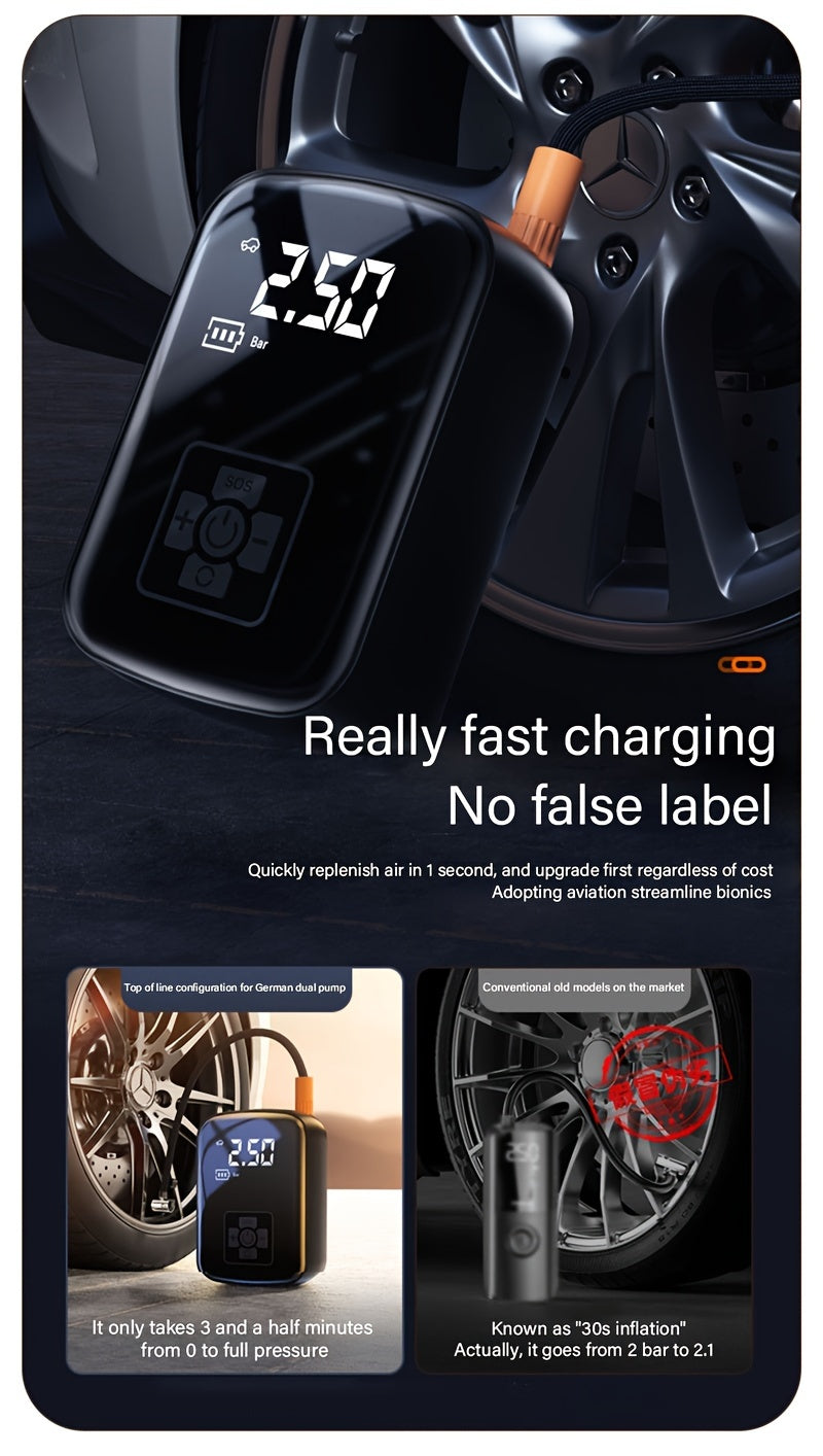 Portable Tire Inflator 100W Cordless Air Pump 4000mAh Battery 30-Second Inflation 5 Modes Digital PSI Display Type-C Fast Charging LED Light Multi-Nozzle for Car Motorcycle Bicycle Ball