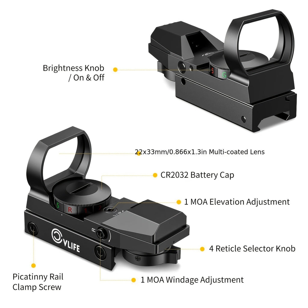 Red Green Dot Sight 1x22x33 with 20mm Picatinny Rail - 4 Reticles 5 Brightness Settings Wide Field of View Scope for Rifles Shotguns