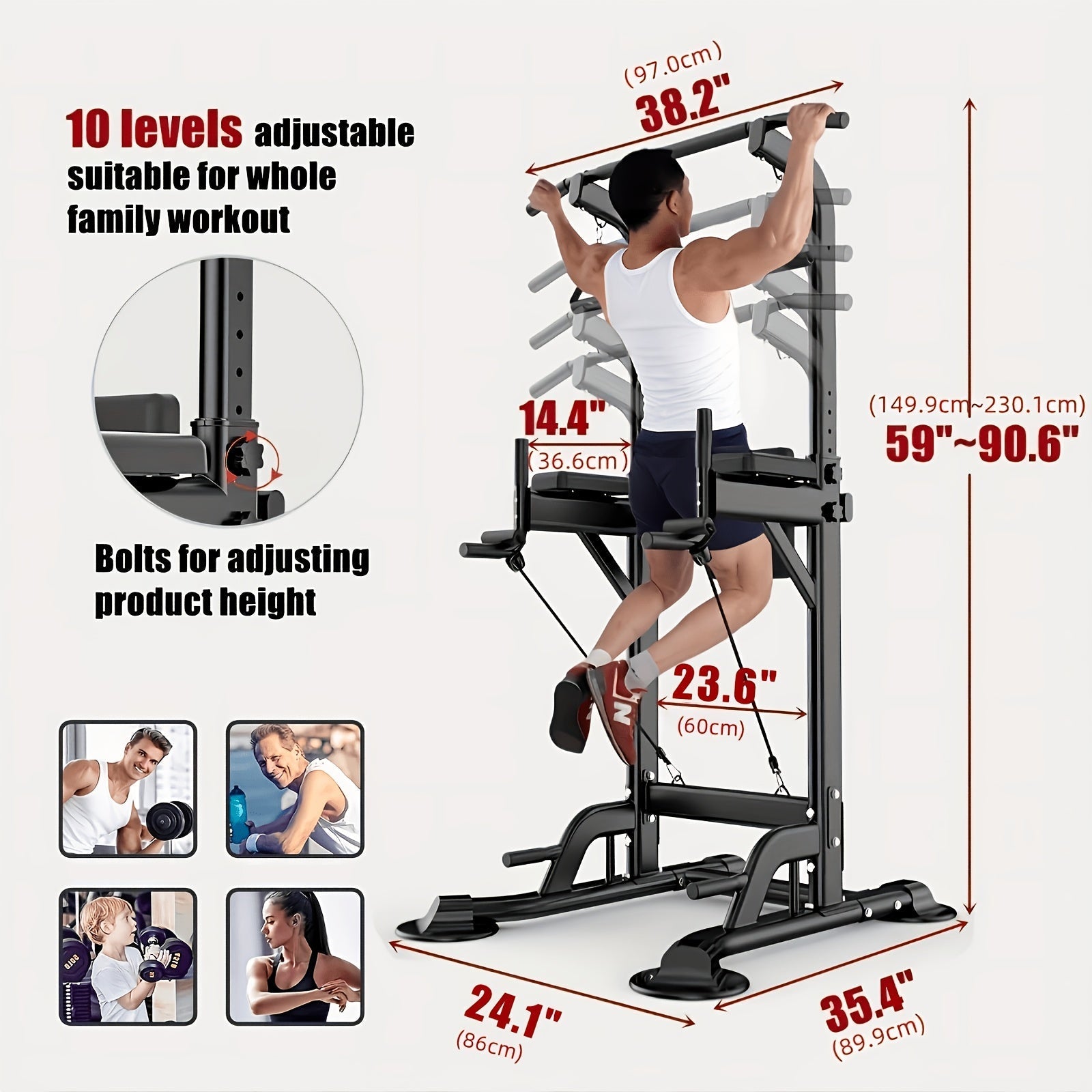 Power Tower Pull Up Bar Dip Station – Adjustable Height 50"-90.6" 330LBS Multi-Function Strength Training Equipment for Men & Women Home Gym, Free Elastic Bands Included
