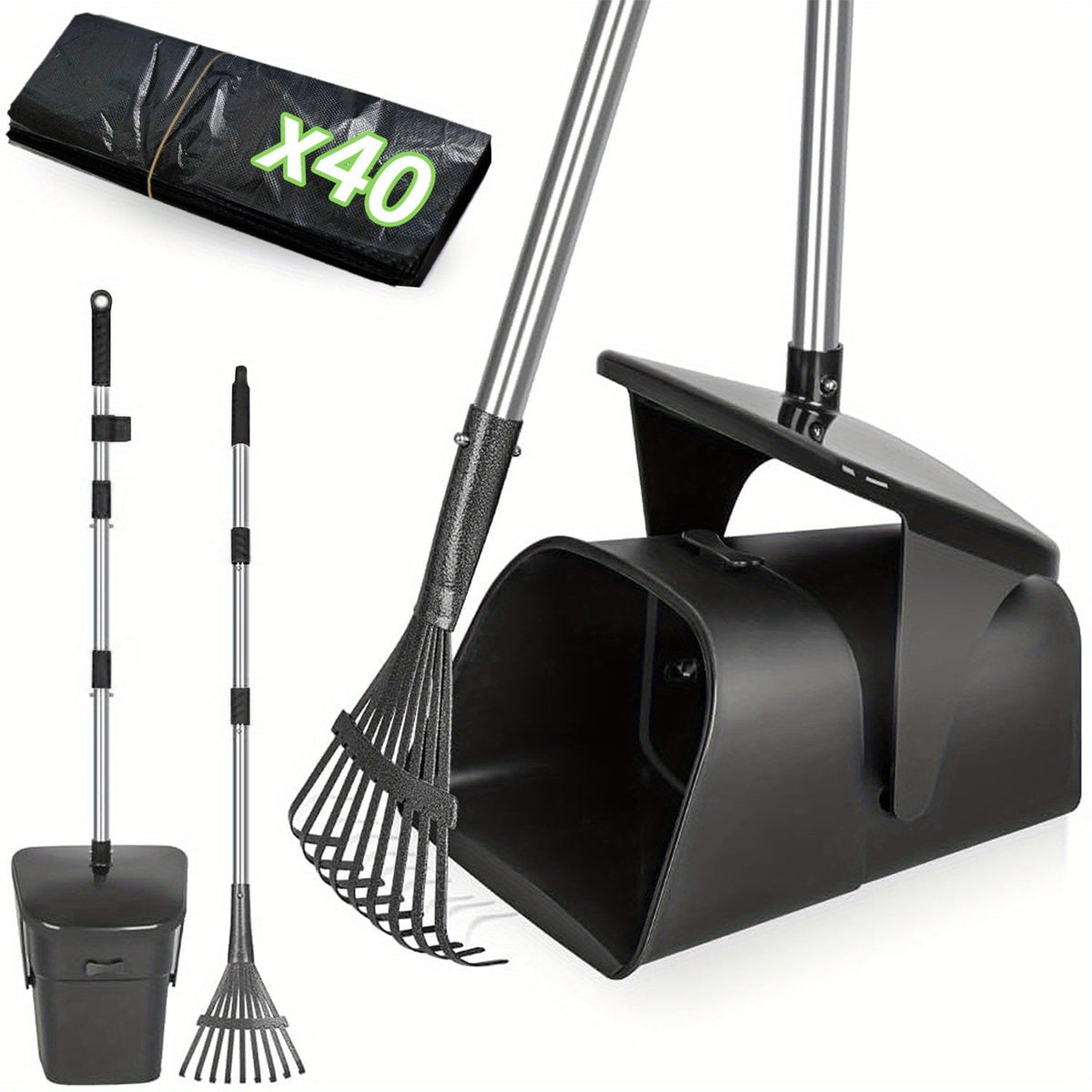 Heavy Duty Dog Pooper Scooper Set with Swivel Bin, Rake & Spade – Long Handle No-Bend Pet Waste Removal for Grass, Dirt & Gravel, 40 Waste Bags Included, Large Dogs