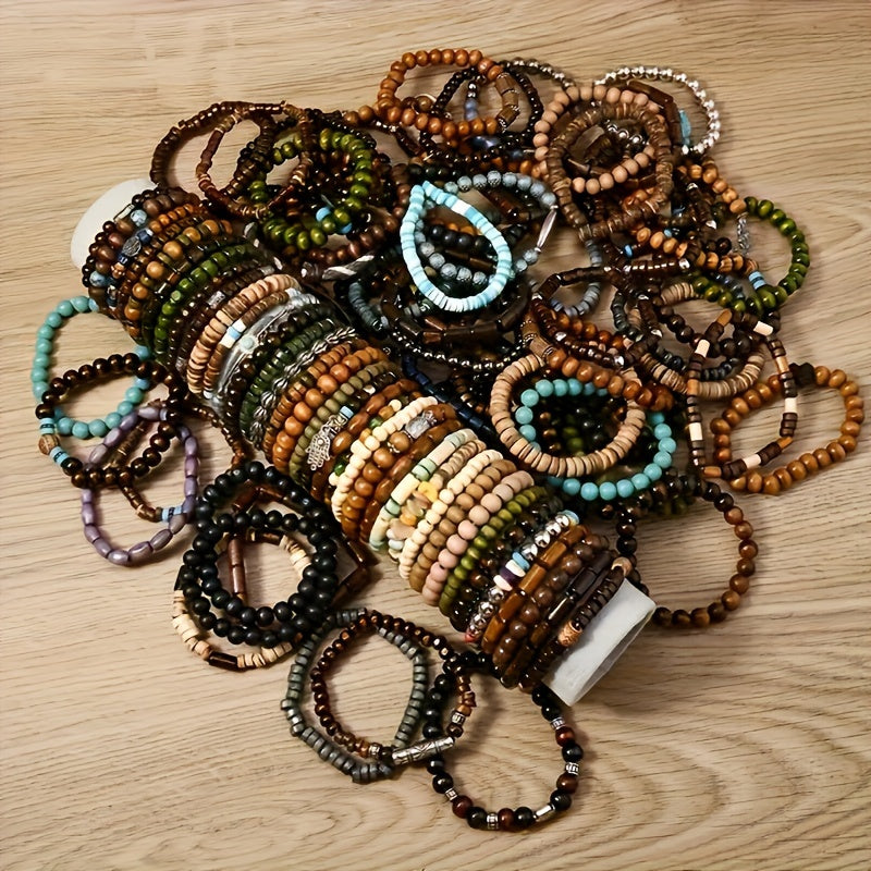 Boho Wooden Beaded Bracelet Set 36 Pack Bulk – Handmade Assorted Vintage Style with Zinc Alloy Charms for Women Men Teens, Bulk Jewelry for Gifts Party Favors & Events