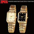Women's Elegant Golden Tone Watch Set of 2 Stainless Steel Quartz Analog Wristwatch Rectangular Dial Round Case for Casual Dressy Special Occasions Gift for Her